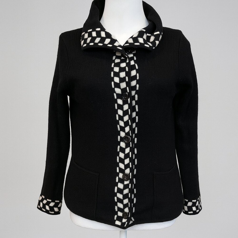 Talbots Petites 100% Wool Sweater Jacket Black White Check Trim Small EUC - Picture 2 of 7